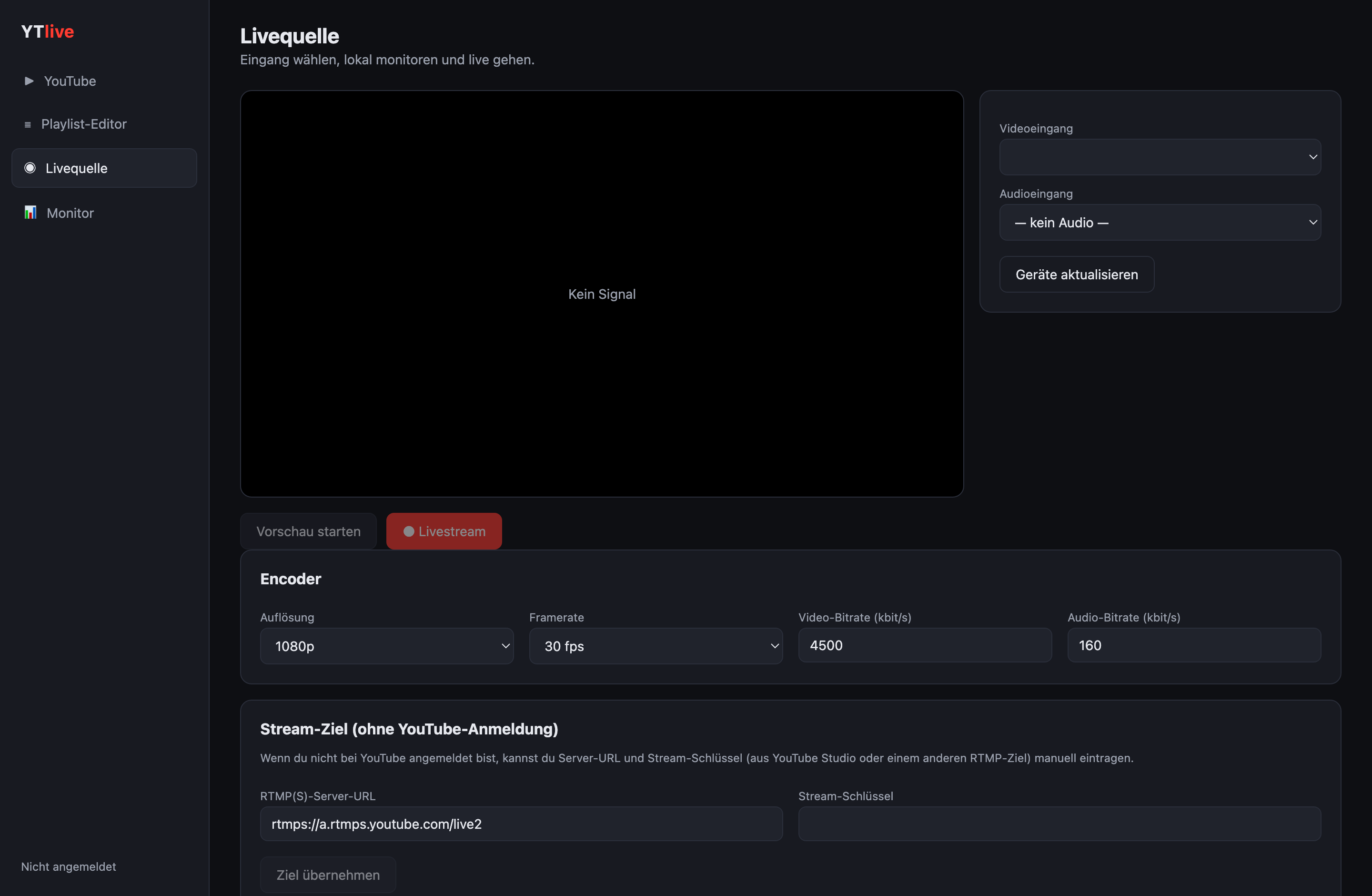 YTlive Livequelle — Eingang wählen, monitoren und live gehen
