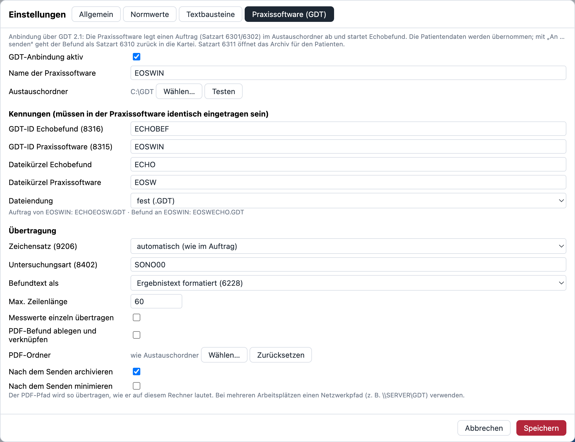 Einstellungsfenster von Echobefund, Reiter Praxissoftware (GDT), mit aktivierter Anbindung und Austauschordner C:\GDT
