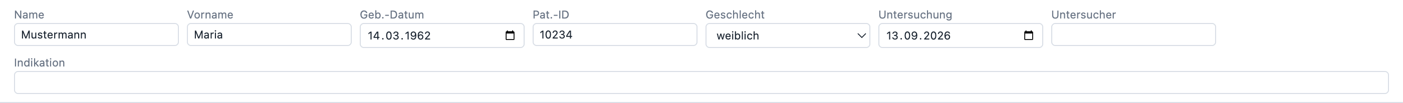Kopfbereich von Echobefund mit übernommenen Patientendaten (Beispiel Mustermann, Maria)