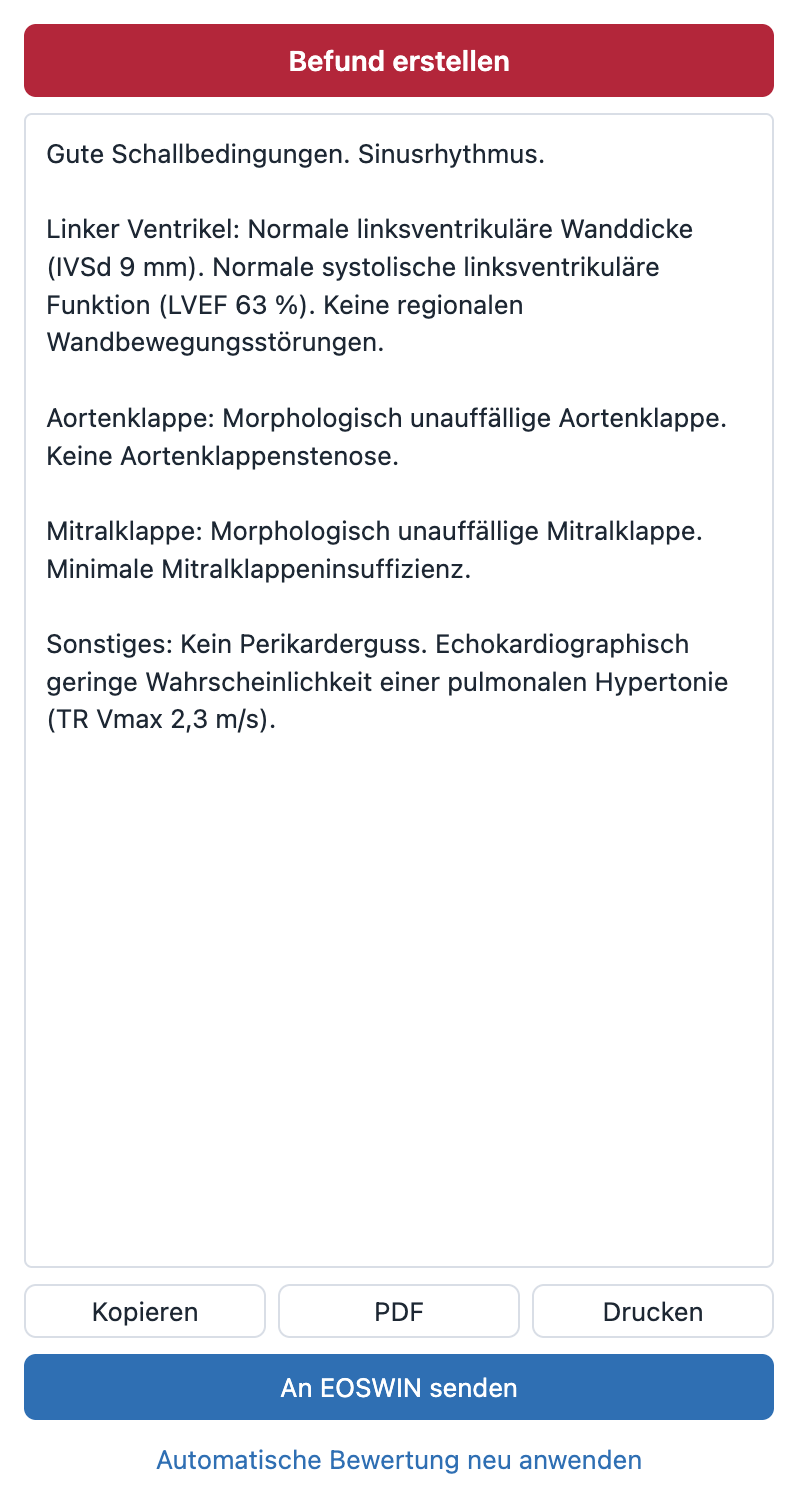 Rechter Bereich von Echobefund mit Befundtext und dem blauen Knopf An EOSWIN senden