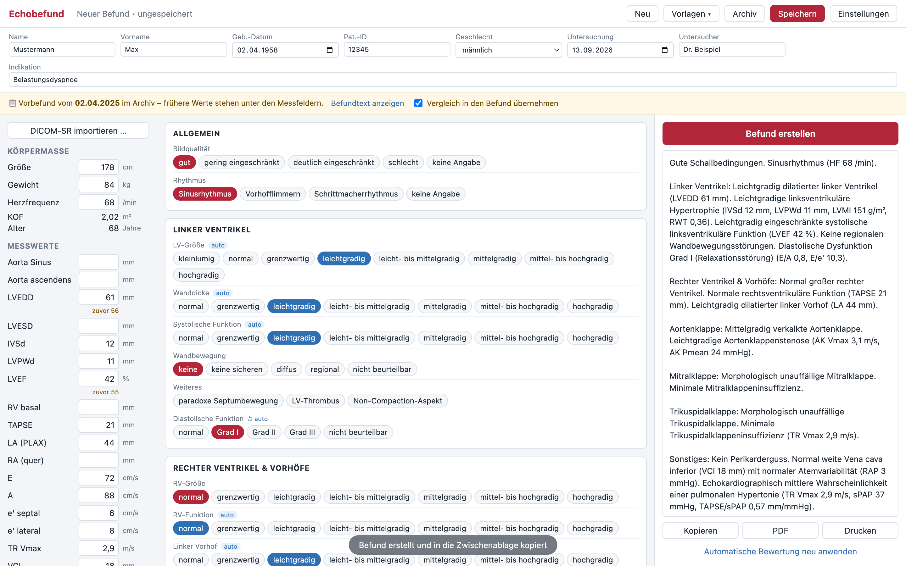 Echobefund mit Messwerten, Beurteilungen und erzeugtem Befundtext (Beispieldaten)